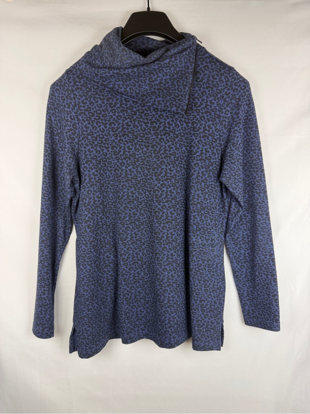 ELI Women's Blue leopard Printed zipper adjustable Cowl Neck Sweat top pockets M